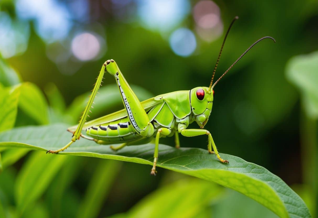 Um gafanhoto verde brilhante empoleirado em uma folha, cercado por vegetação exuberante