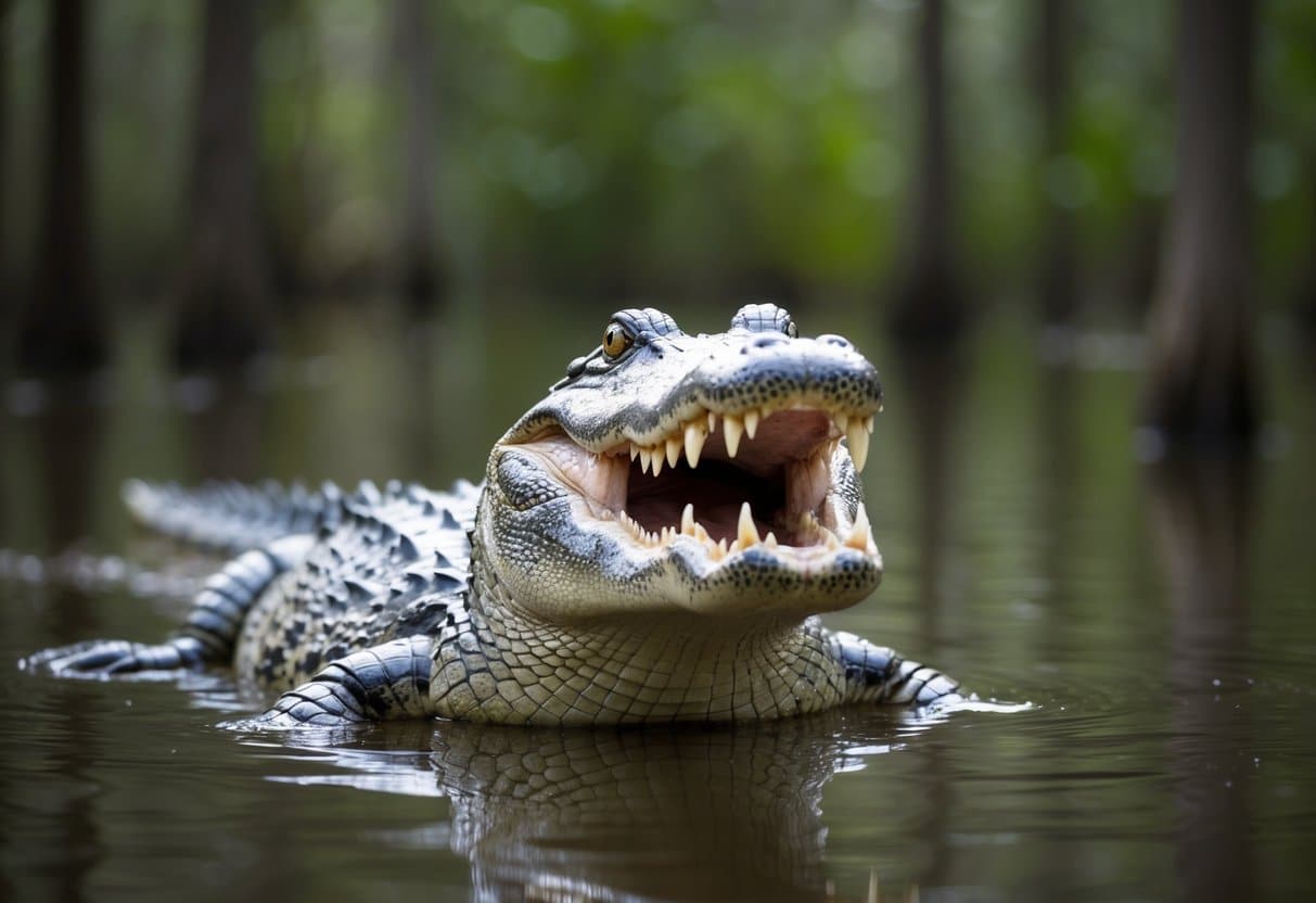 Um grande jacaré emerge de águas turvas, com seus dentes afiados à mostra enquanto se esconde nas sombras de um pântano.