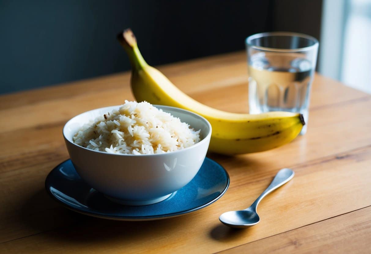 Uma tigela de arroz e uma banana em uma mesa de madeira, com um copo de água e uma colher ao lado.