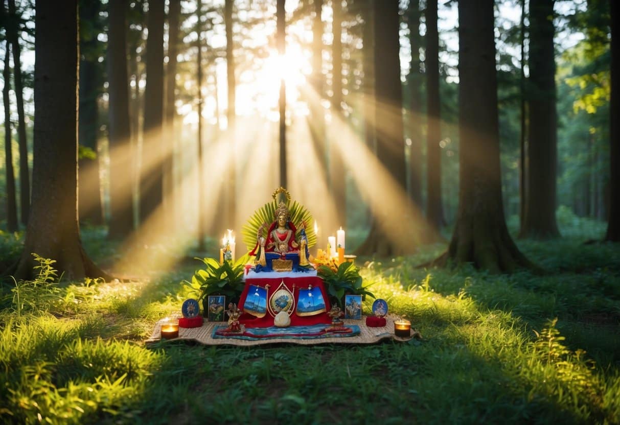 Uma clareira serena na floresta com a luz do sol filtrando através das árvores, iluminando um pequeno altar adornado com oferendas e símbolos de vários orixás.