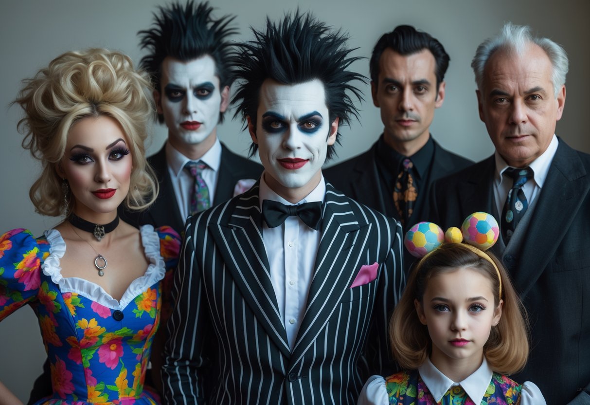 Um grupo de seis pessoas vestidas com roupas excêntricas e góticas, posando juntas em um retrato.