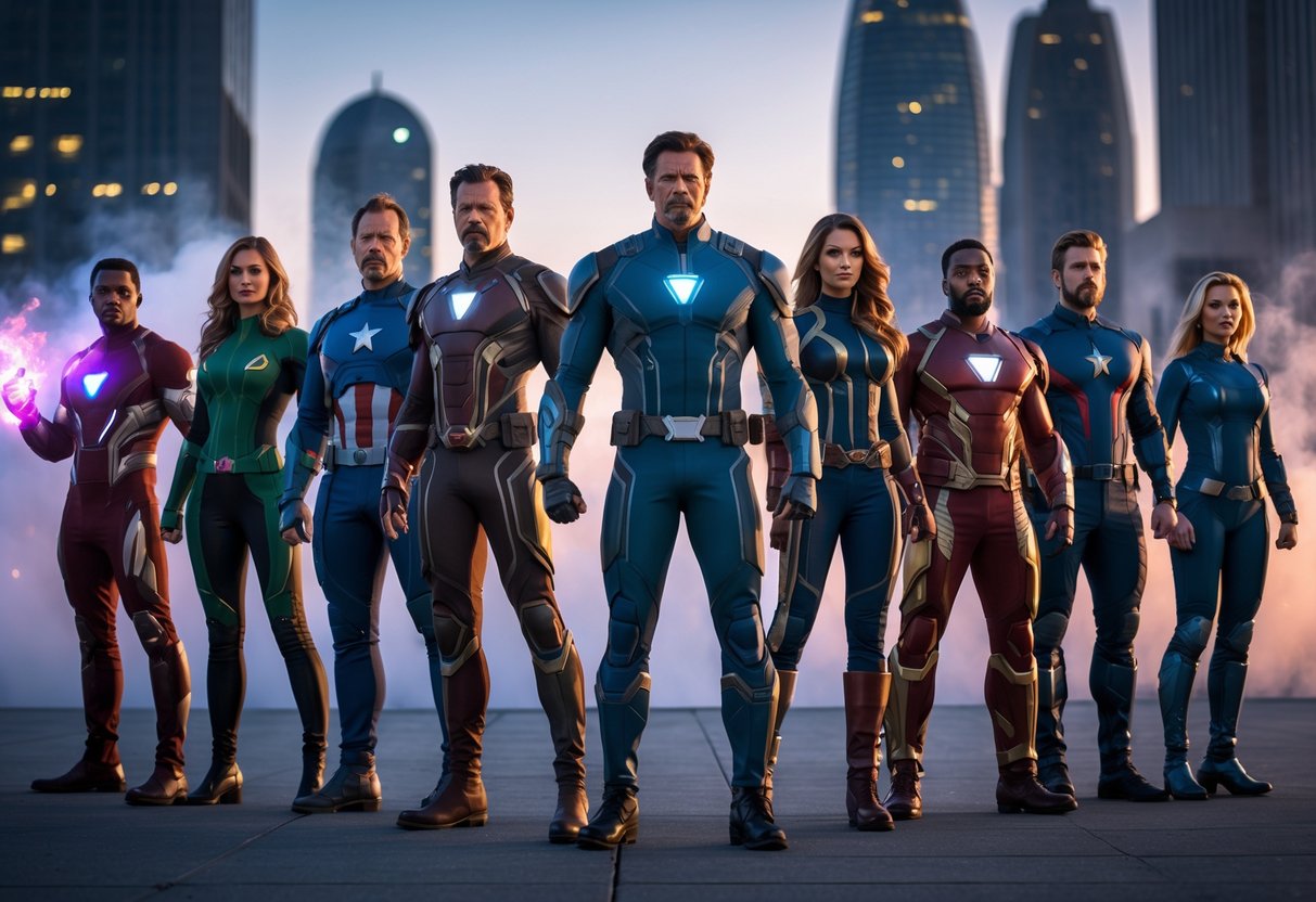 Um grupo diversificado de super-heróis reunidos em uma cidade moderna ao entardecer, prontos para a batalha.